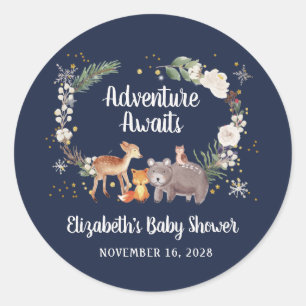 Winter Woodland Animals Baby Shower Blue Classic Round Sticker