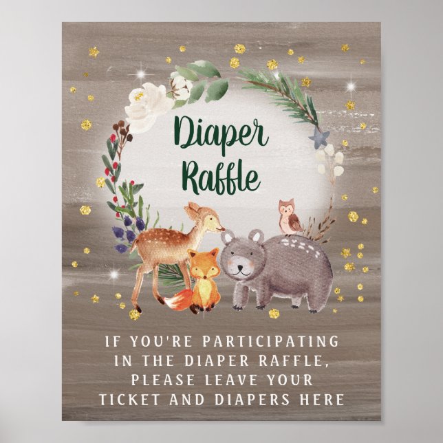 Winter Woodland Animals Baby Shower Diaper Raffle Poster (Front)