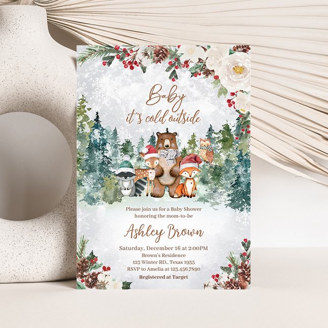 Winter Woodland Animals Baby Shower  Invitation (Woodland Winter Baby Shower Invitation)
