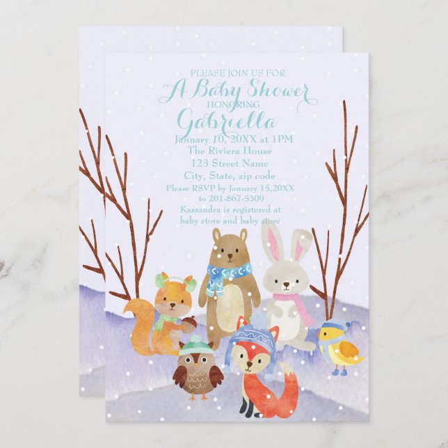 Winter Woodland Animals Baby Shower Invitation (Front/Back)
