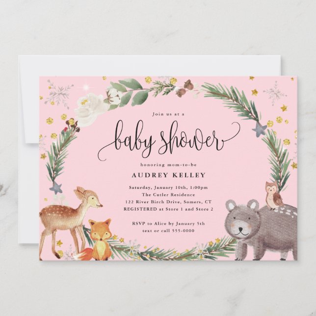 Winter Woodland Animals Baby Shower Pink Invitation (Front)