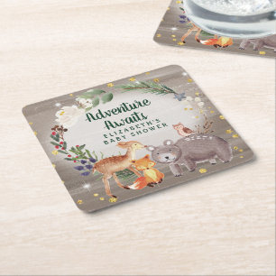 Winter Woodland Animals Baby Shower Square Paper Coaster