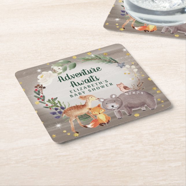Winter Woodland Animals Baby Shower Square Paper Coaster (Angled)