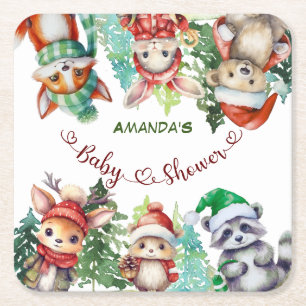 Winter Woodland Animals Baby Shower  Square Paper Coaster