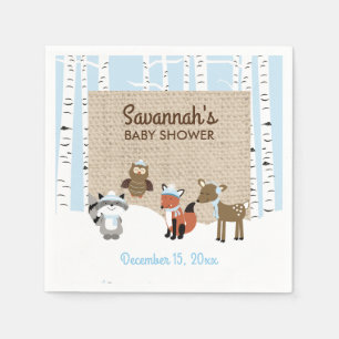 Winter Woodland Animals Birch Tree Napkin Blue