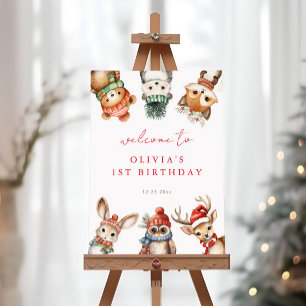 Winter woodland animals birthday welcome sign