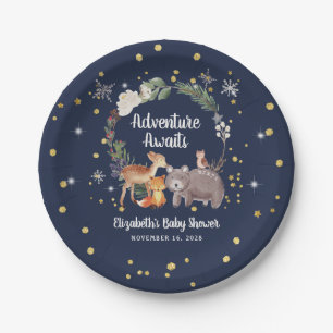 Winter Woodland Animals Blue Baby Shower Paper Plate