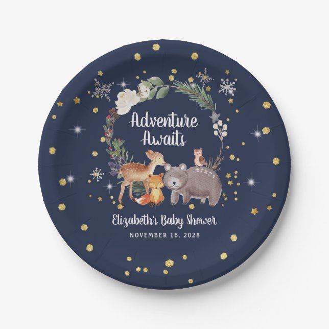 Winter Woodland Animals Blue Baby Shower Paper Plate (Front)