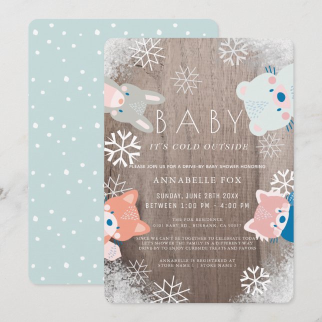 Winter Woodland Animals Blue Drive-by Baby Shower Invitation (Front/Back)
