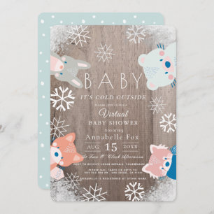 Winter Woodland Animals Blue Virtual Baby Shower Invitation