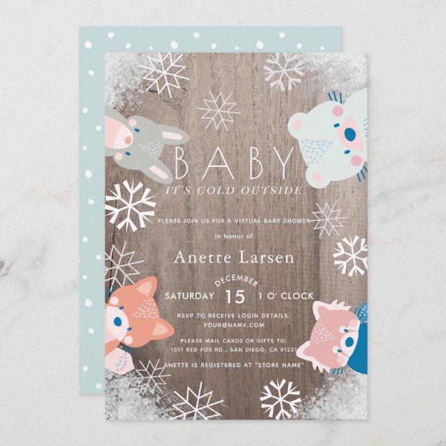 Winter Woodland Animals Blue Virtual Baby Shower Invitation (Front/Back)