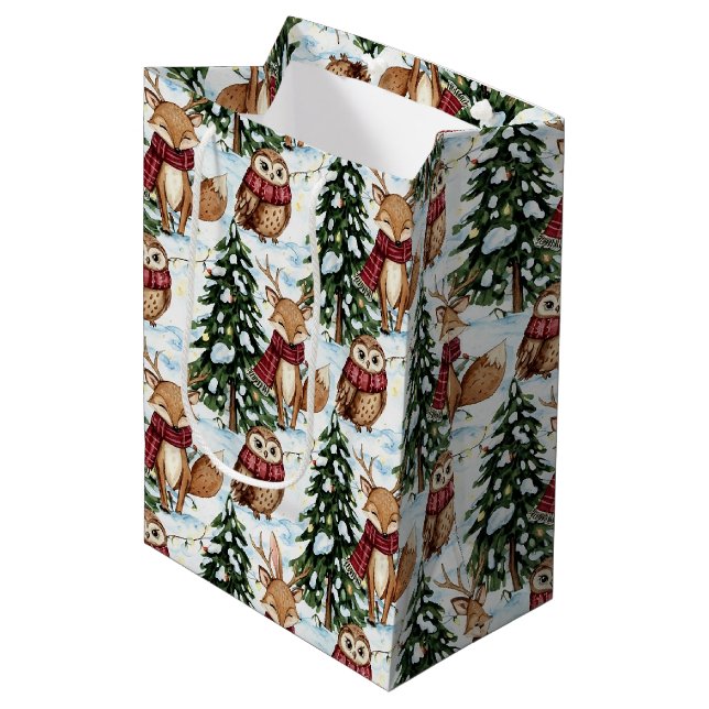 Winter Woodland Animals Christmas Pattern Medium Gift Bag (Front Angled)