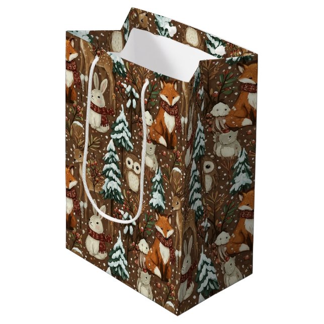 Winter Woodland Animals Christmas Pattern Medium Gift Bag (Front Angled)