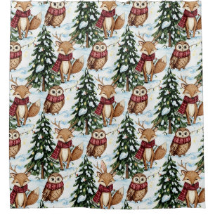 Winter Woodland Animals Christmas Pattern Shower Curtain