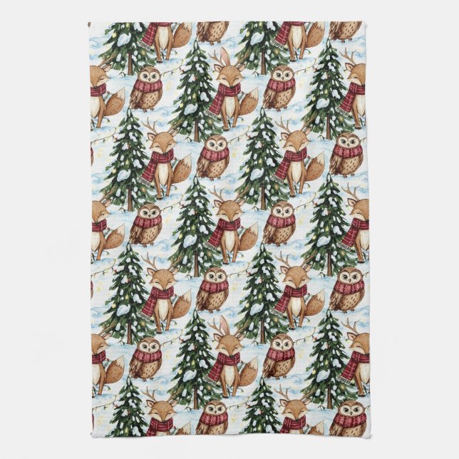 Winter Woodland Animals Christmas Pattern Tea Towel (Vertical)