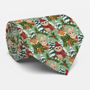 Winter Woodland Animals Christmas Pattern Tie