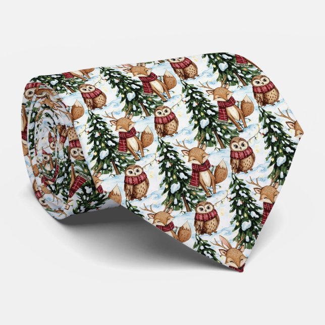 Winter Woodland Animals Christmas Pattern Tie (Rolled)