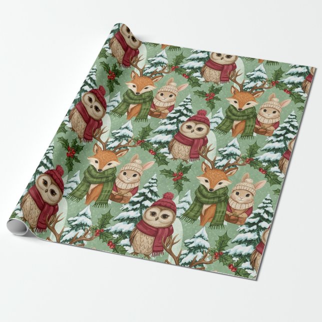 Winter Woodland Animals Christmas Pattern Wrapping Paper (Unrolled)