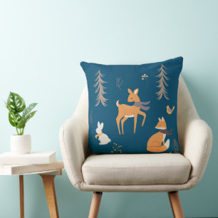 Winter Woodland Animals Folk Art Blue Christmas Cushion