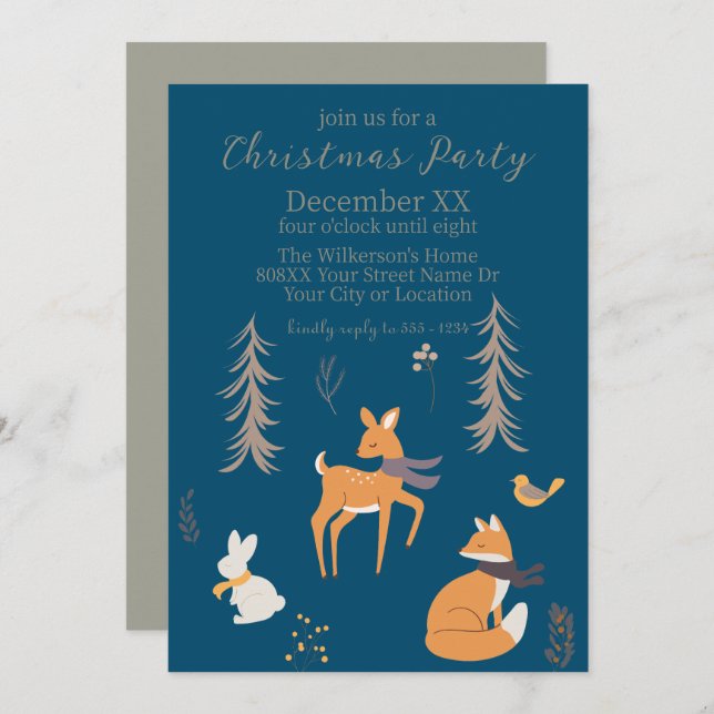 Winter Woodland Animals Folk Art Blue Christmas Invitation (Front/Back)