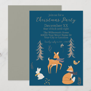 Winter Woodland Animals Folk Art Blue Christmas Invitation