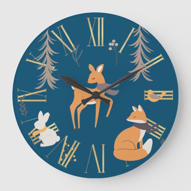 Winter Woodland Animals Folk Art Blue Christmas Large Clock (Front)