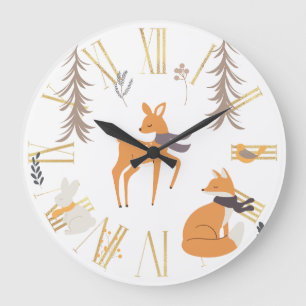 Winter Woodland Animals Folk Art Christmas Large Clock