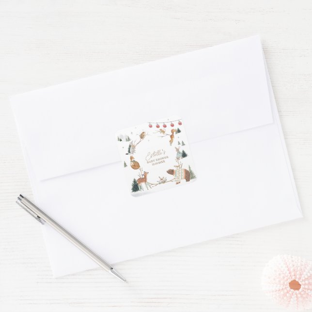 Winter Woodland Animals Forest Baby Shower Square Sticker (Envelope)