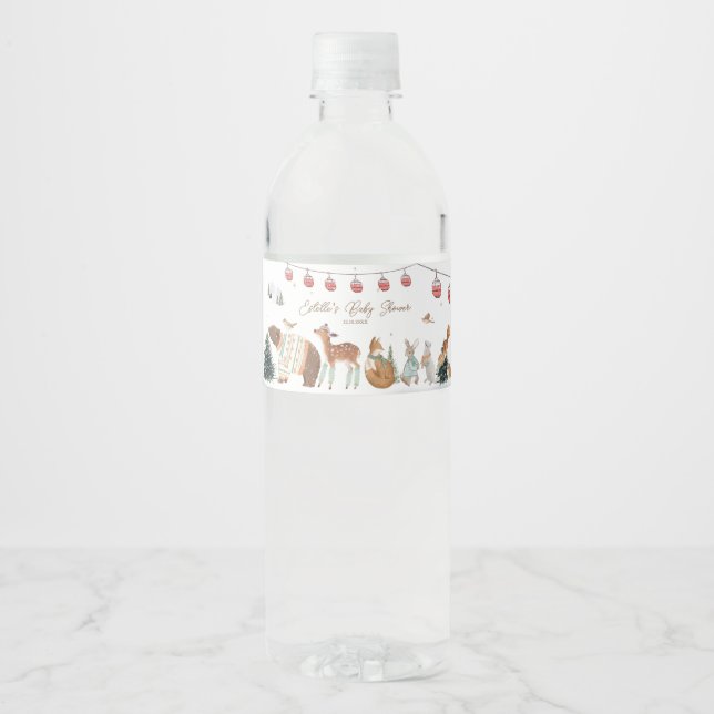 Winter Woodland Animals Forest Baby Shower Water Bottle Label (Front)