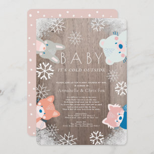 Winter Woodland Animals Pink Baby Shower by Mail Invitation