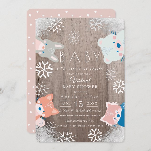 Winter Woodland Animals Pink Virtual Baby Shower Invitation (Front/Back)