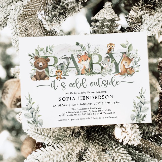 Winter Woodland Animals Sage Greenery Baby Shower Invitation (Creator Uploaded)