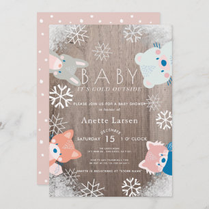 Winter Woodland Animals Snowflake Pink Baby Shower Invitation