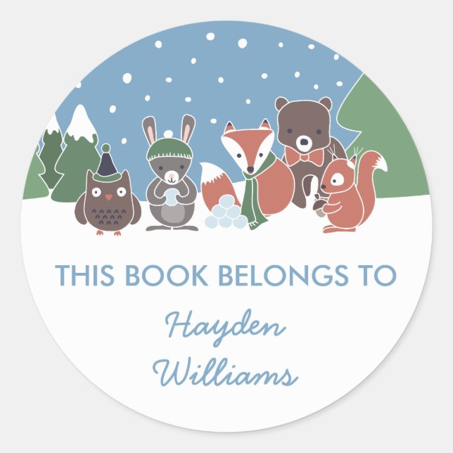 Winter Woodland Animals This Book Belongs To Classic Round Sticker (Front)