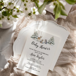 Winter Woodland Animals White Baby Shower  Invitation