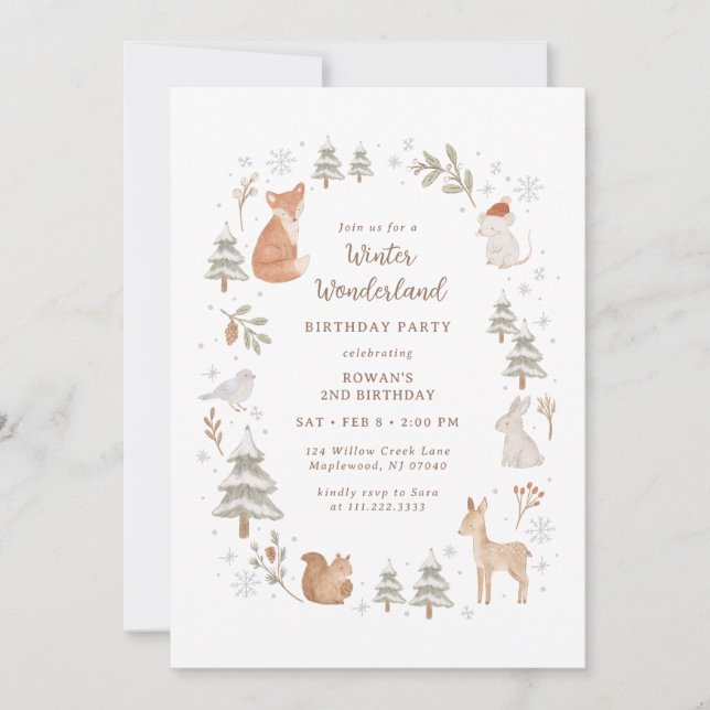 Winter Woodland Animals Wonderland Birthday Invitation (Front)