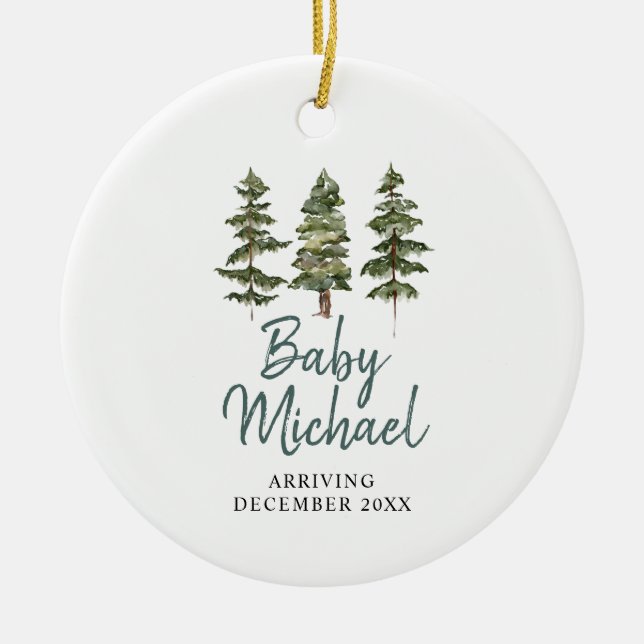 Winter woodland Baby Boy Pregnancy Announcement Ceramic Ornament (Front)