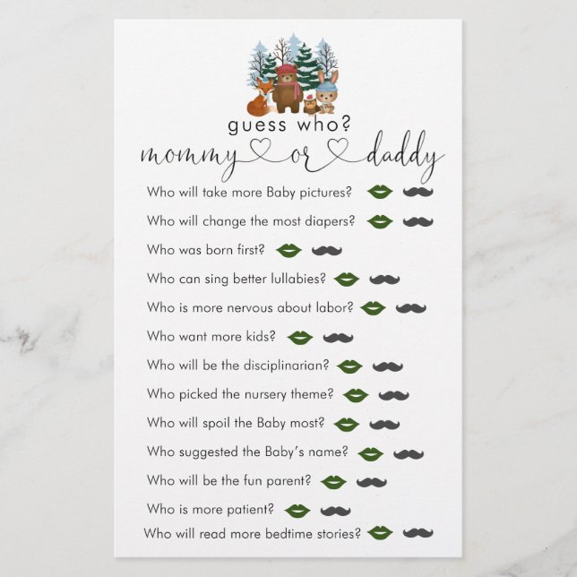 Winter Woodland Baby Shower Guess Who Game (Front)