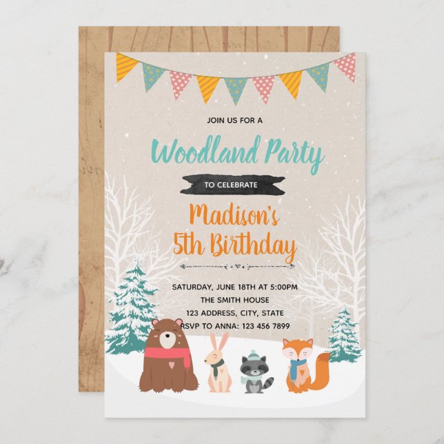 Winter woodland birthday party invitation (Front/Back)
