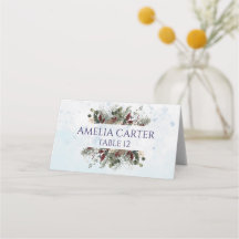 Winter Woodland Blue Floral Wedding Place Card