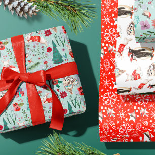 Winter Woodland Blue & red Animals forest pattern Wrapping Paper Sheet