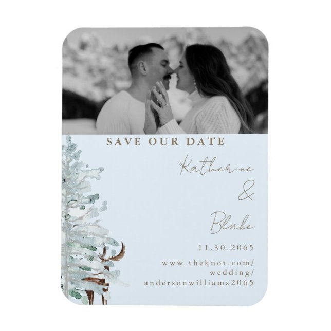 Winter Woodland Blue Wedding Photo Save our Date Magnet (Vertical)