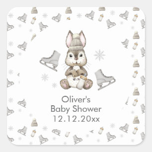 Winter Woodland Bunny Ice Skate Baby Shower Square Sticker