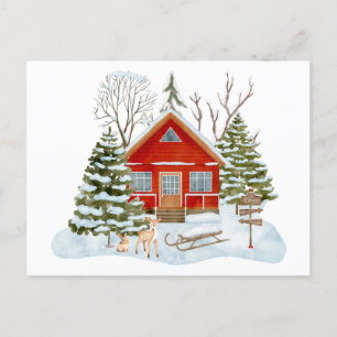 Winter Woodland Cabin and Forest Visitors Postcard