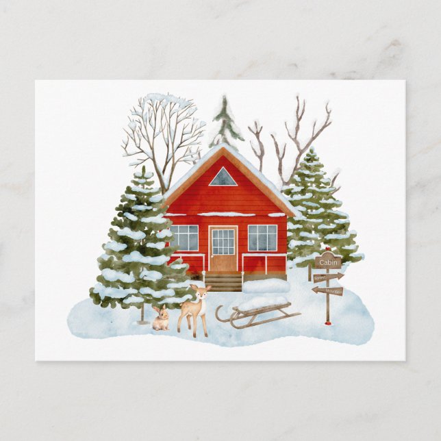 Winter Woodland Cabin and Forest Visitors  Postcard (Front)
