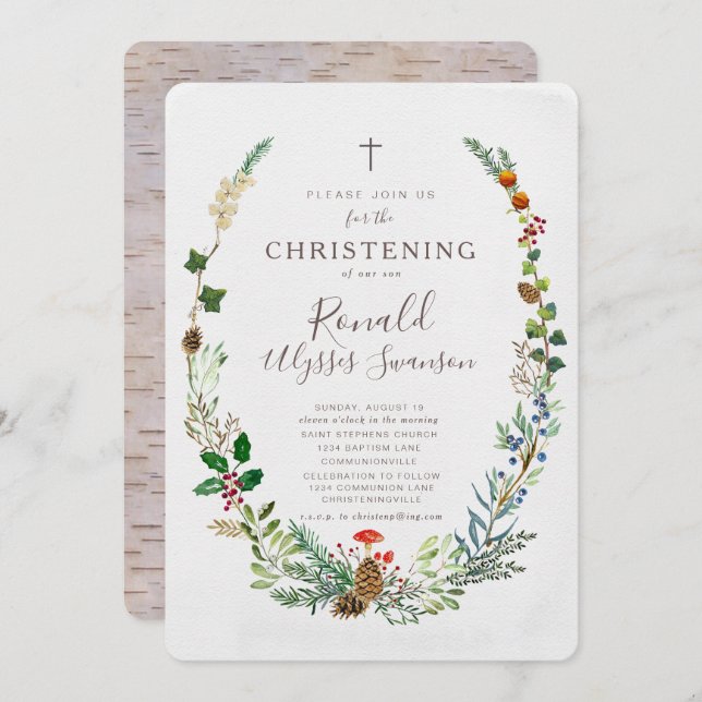 Winter Woodland Christening invitation (Front/Back)