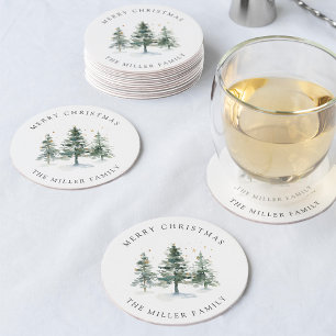 Winter Woodland Christmas Tree Personalised Round Paper Coaster