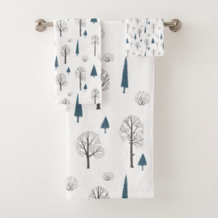 Winter Woodland Christmas Trees Minimalist Blue Bath Towel Set