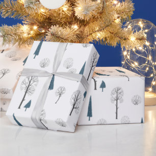 Winter Woodland Christmas Trees Minimalist Blue Wrapping Paper