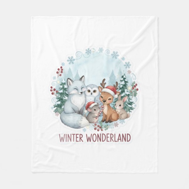Winter Woodland Creatures Cozy Fleece Blanket (Front)